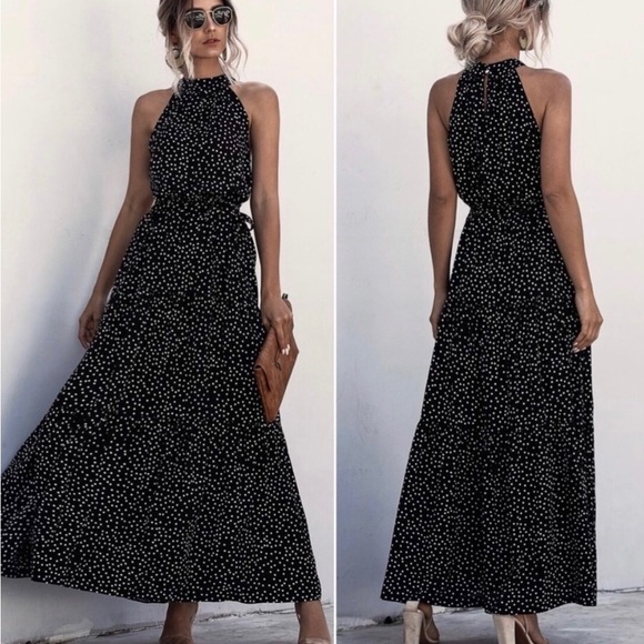NWT Black Polkadot Sleeveless Tiered Maxi Dress Size XL - Picture 1 of 8
